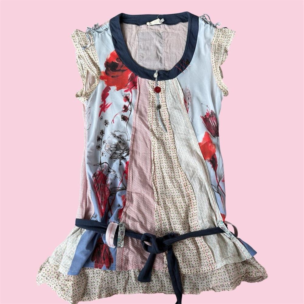 Y2K la mode est a vous vintage patchwork drop waist tunic wit floral print&belt